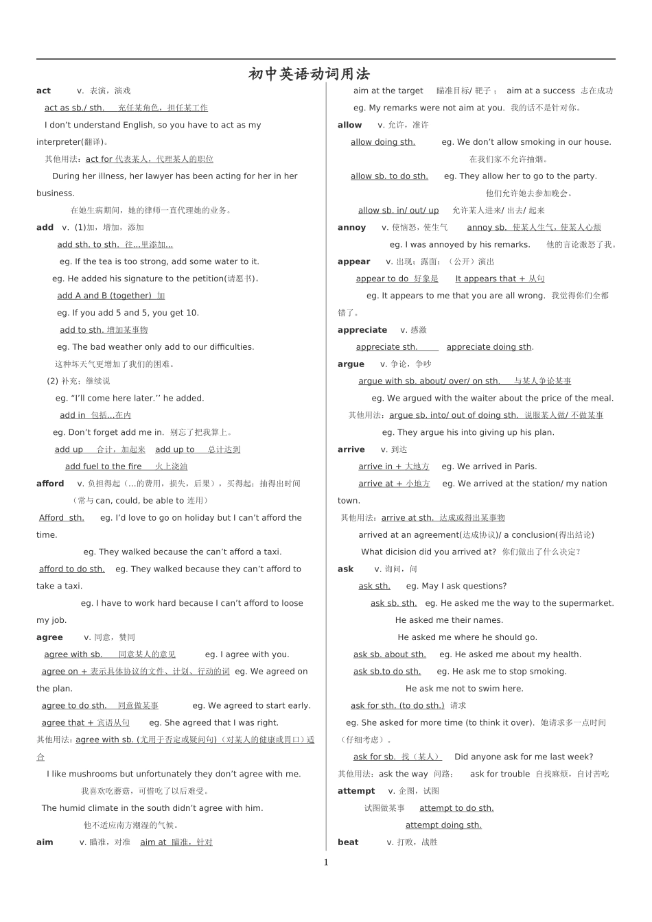 初中动词基本用法大全_第1页