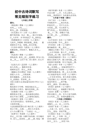 初中古诗词默写错别字练习