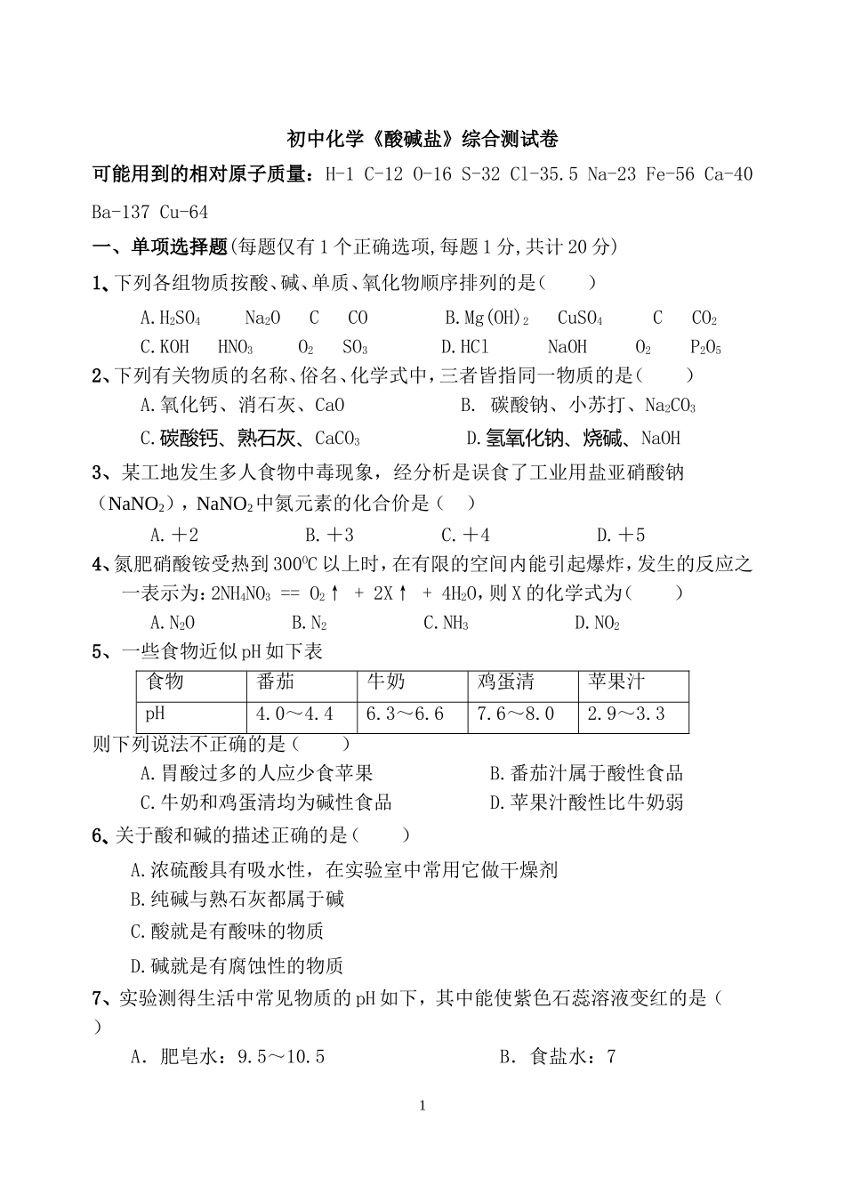初中化学《酸碱盐》综合测试卷_第1页