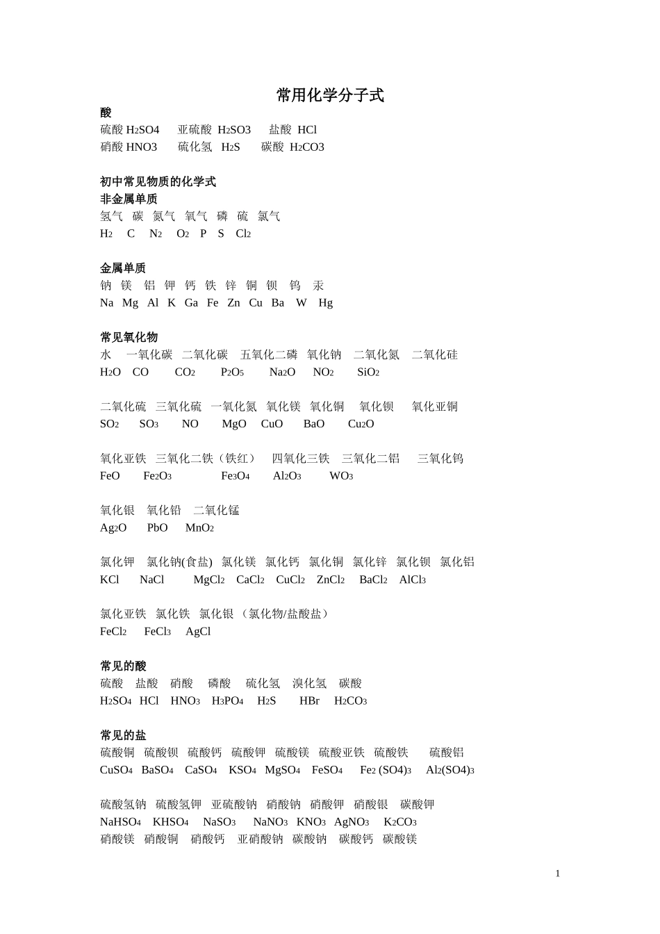 初中化学常用分子式_第1页