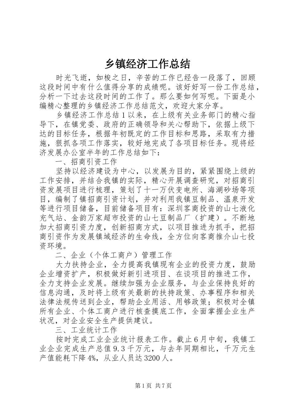 乡镇经济工作总结_第1页