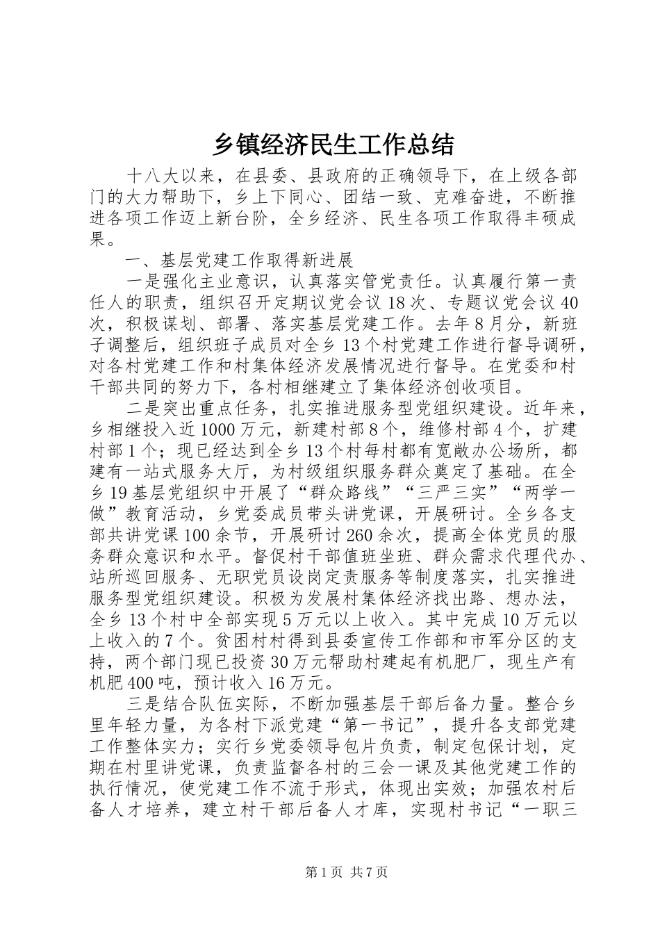 乡镇经济民生工作总结_第1页
