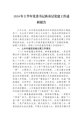2024年上半年党委书记抓基层党建工作述职报告
