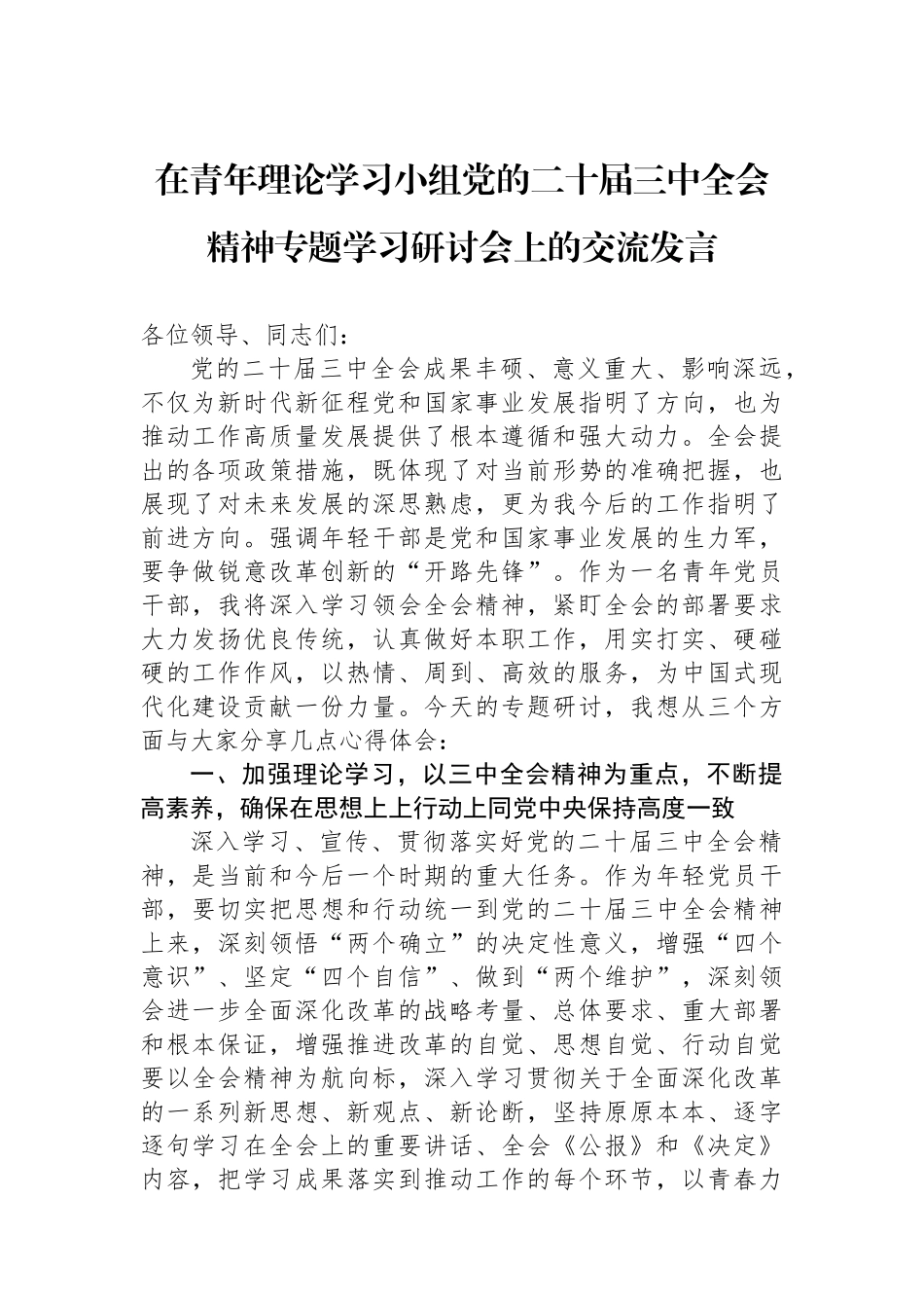 在青年理论学习小组党的二十届三中全会精神专题学习研讨会上的交流发言_第1页