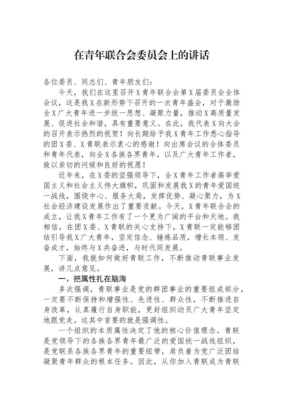 在青年联合会委员会上的讲话_第1页