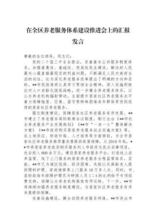 在全区养老服务体系建设推进会上的汇报发言