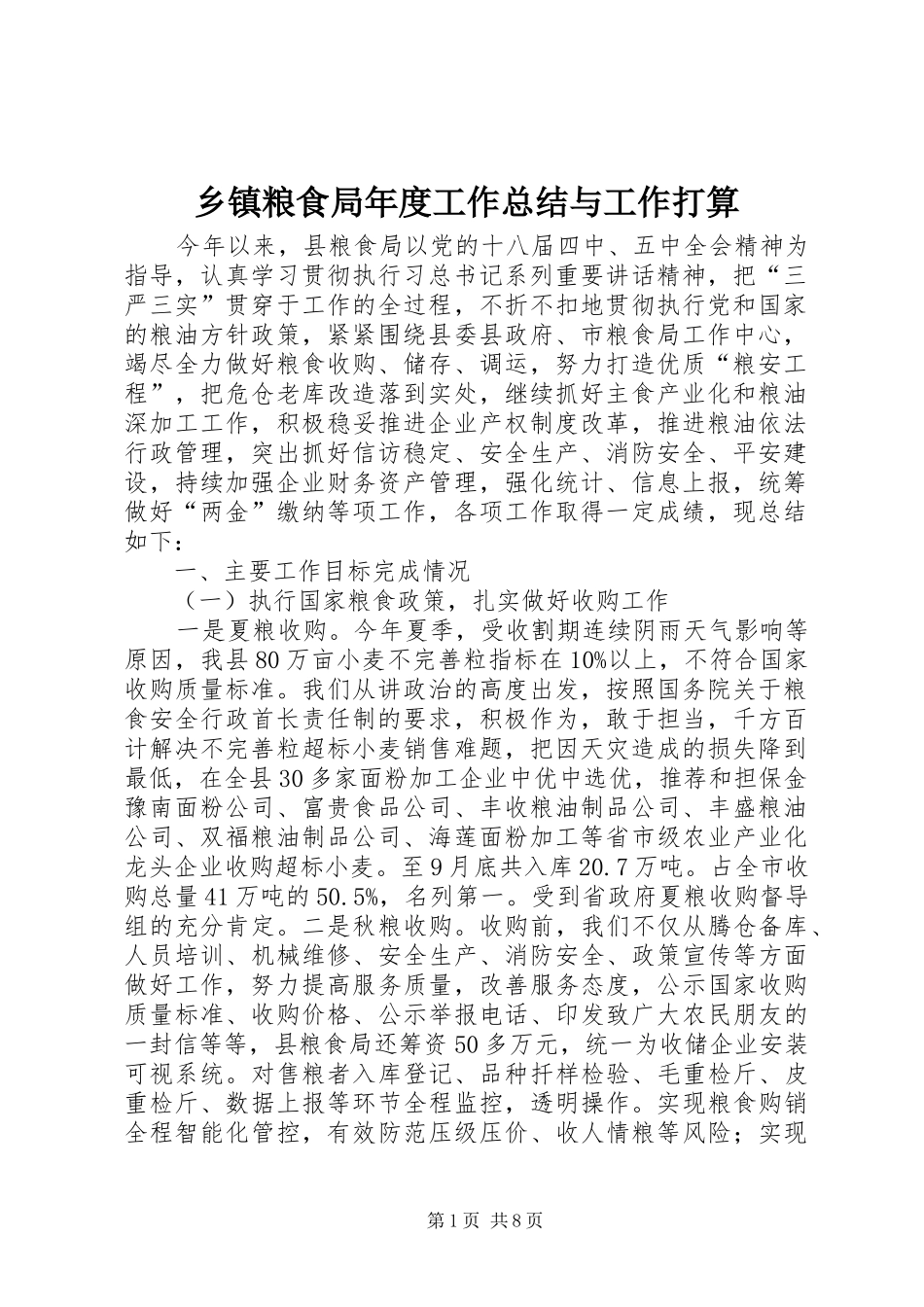 乡镇粮食局年度工作总结与工作打算_第1页