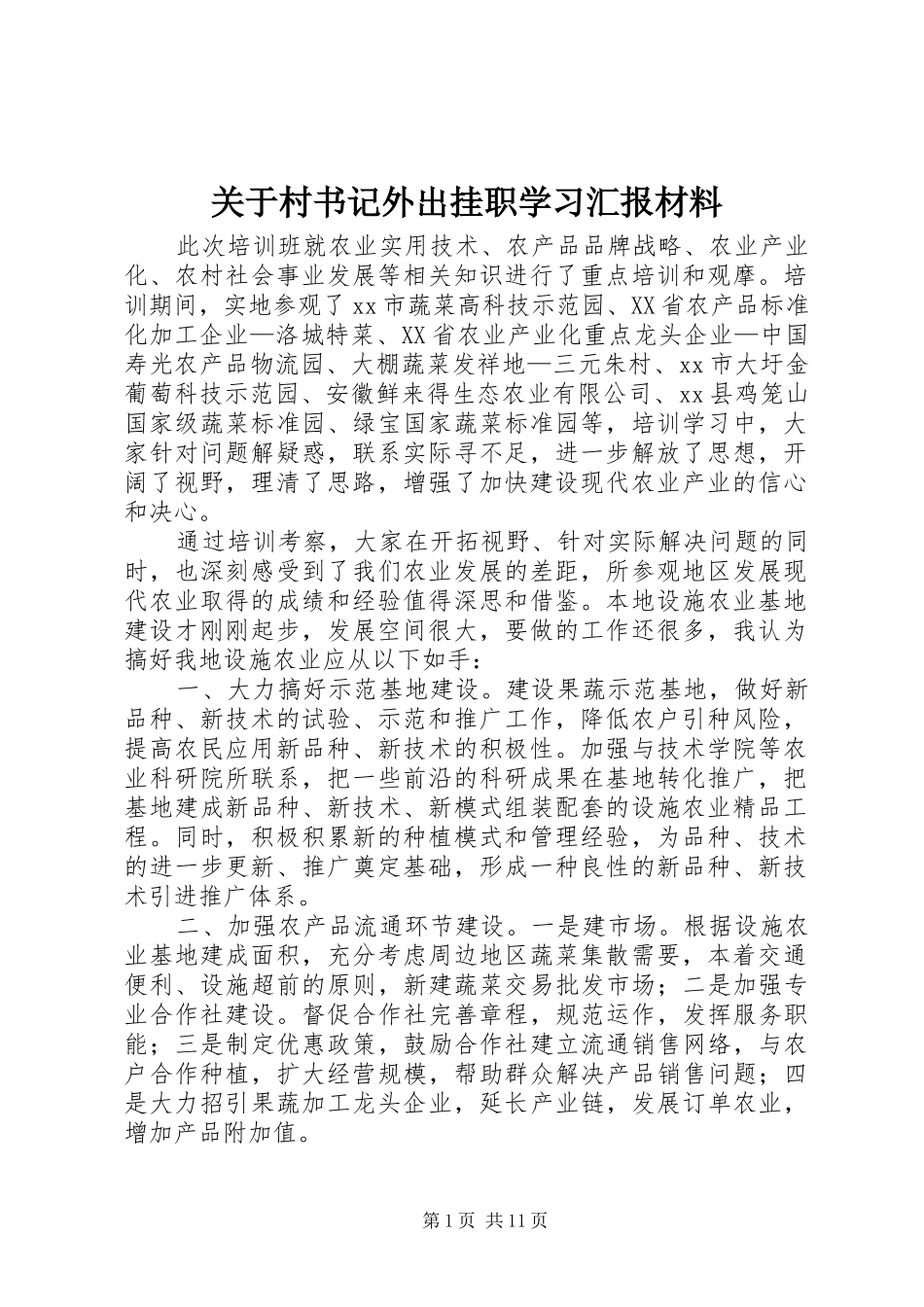关于村书记外出挂职学习汇报材料_第1页