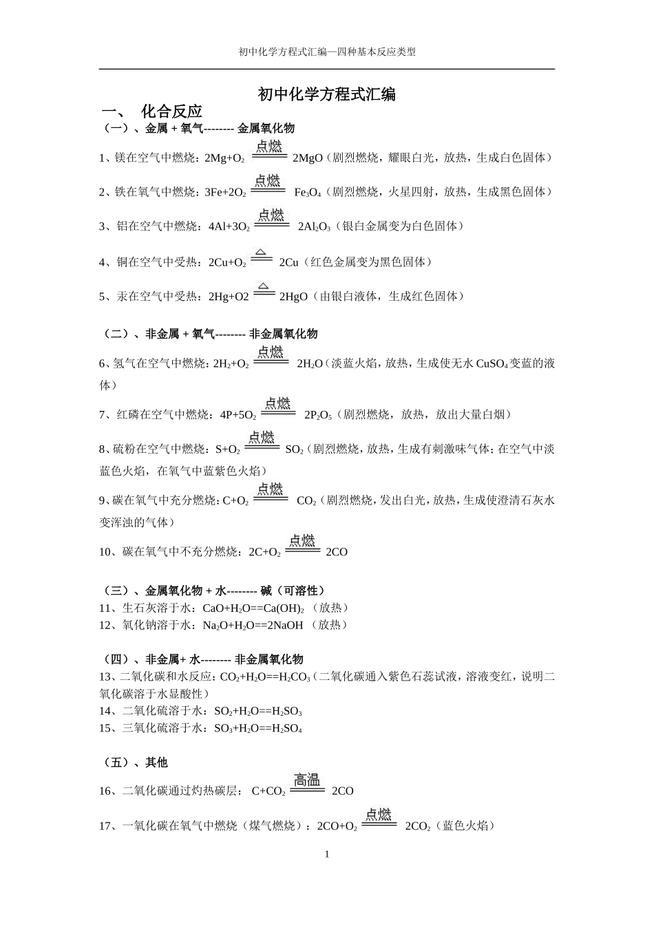 初中化学方程式汇总(四种基本反应类型)_第1页