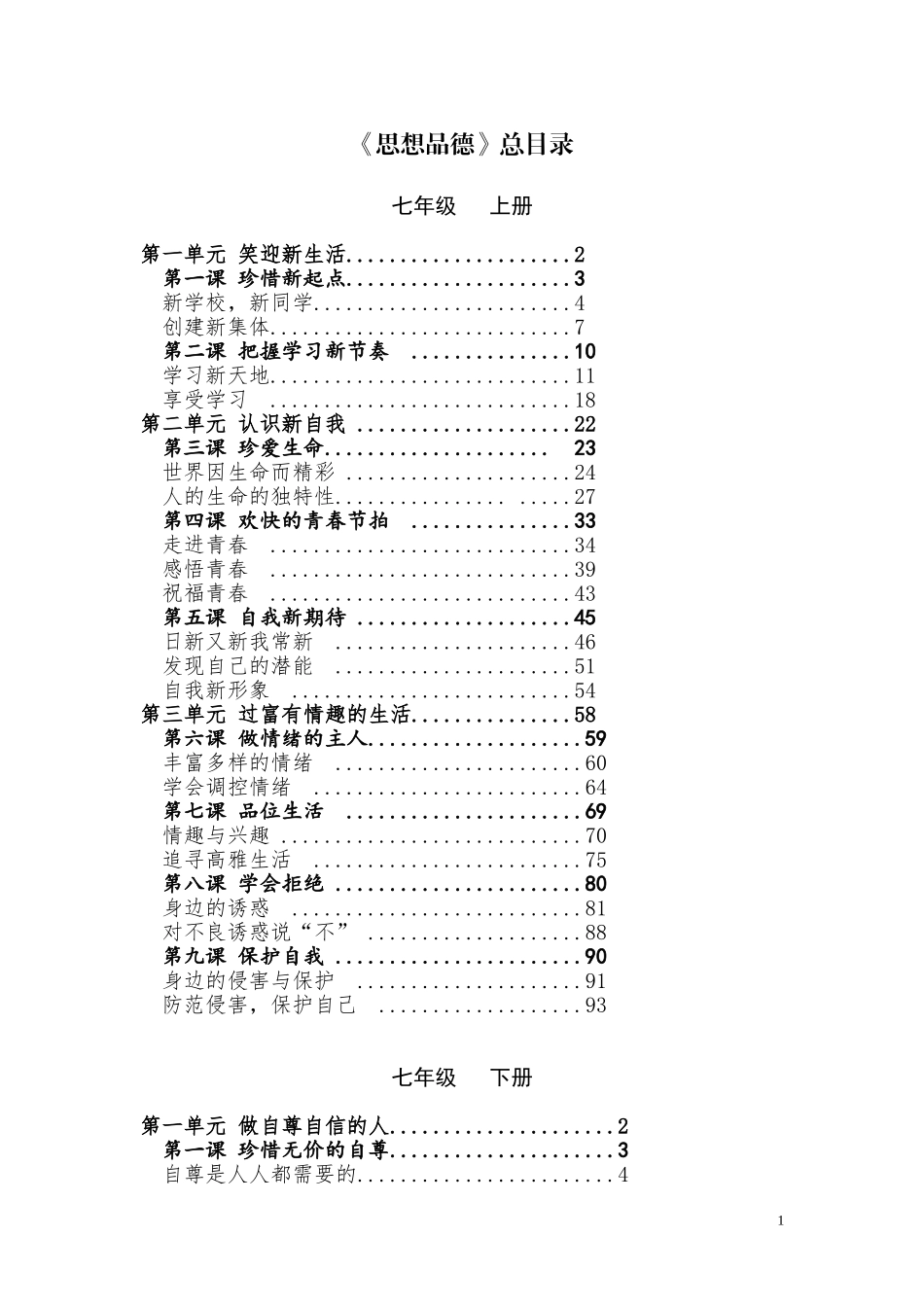 初中思想品德七至九年级思想品德课本(人教版)目录大全(正式版)_第1页