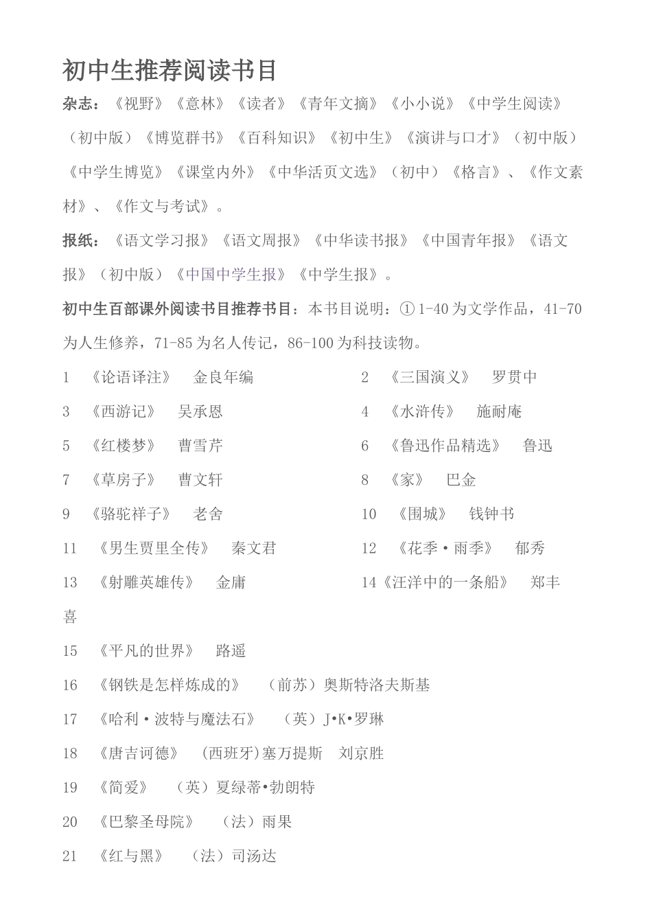 初中生推荐阅读书目_第1页