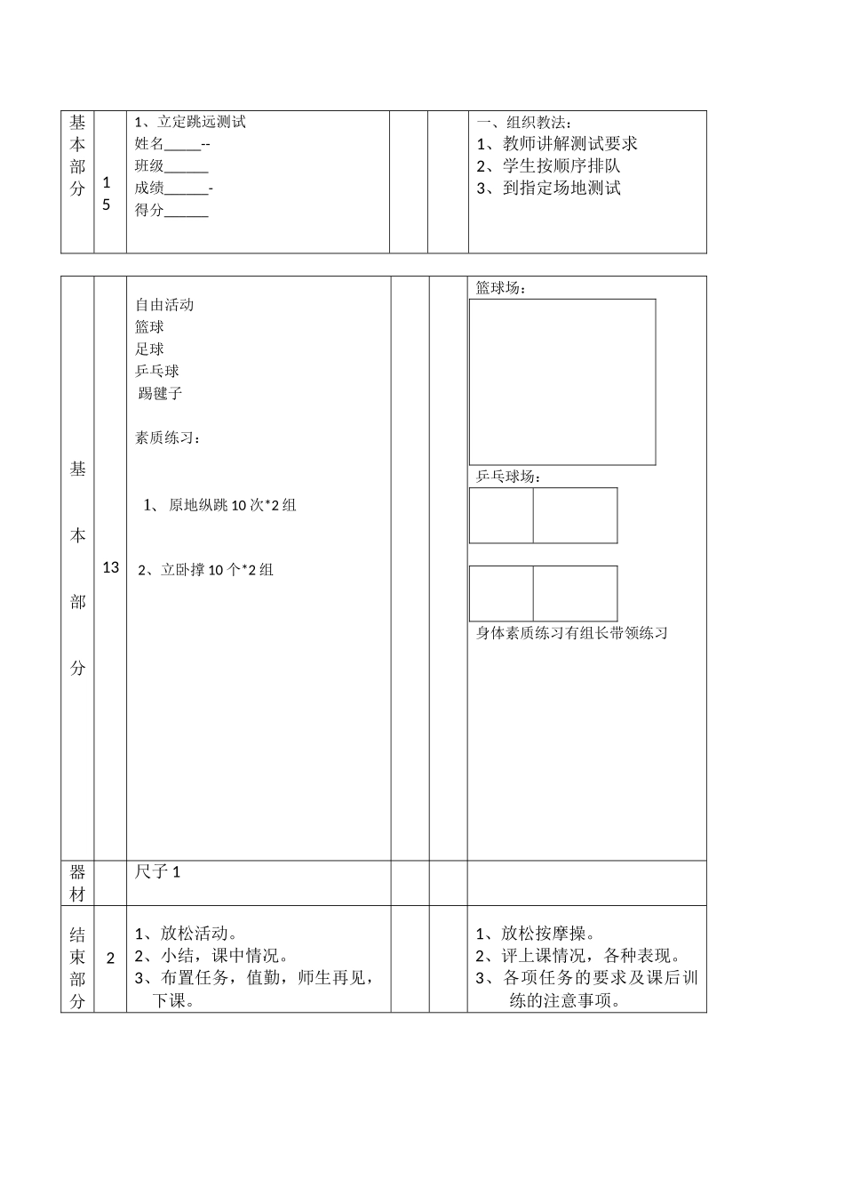 初中体育与健康八年级《测试立定跳远》表格式课时教学计划_第2页