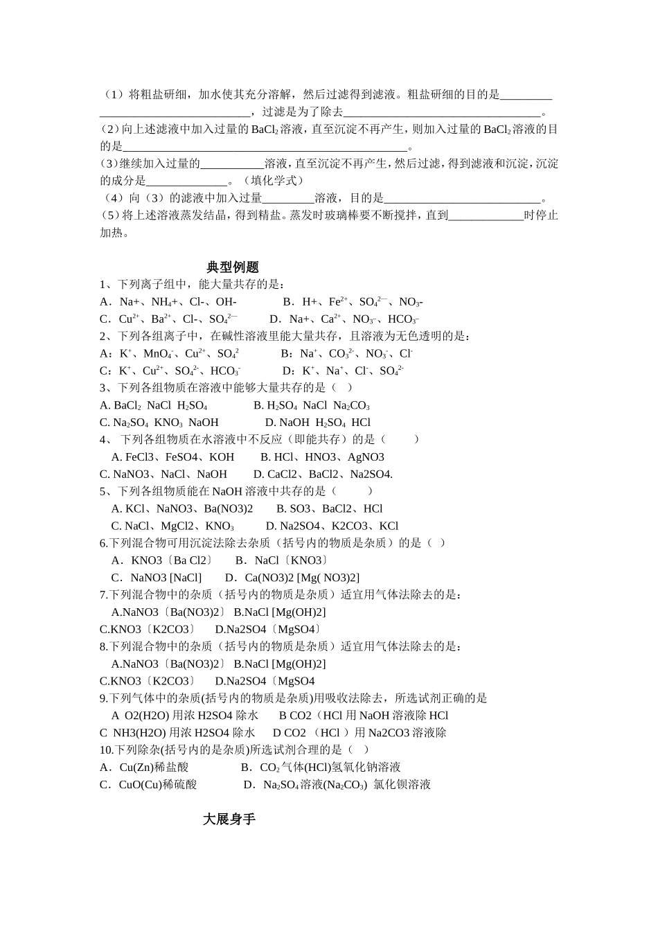 初中化学离子共存及除杂讲解及练习(好)_第2页