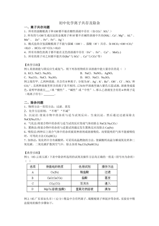 初中化学离子共存及除杂讲解及练习(好)