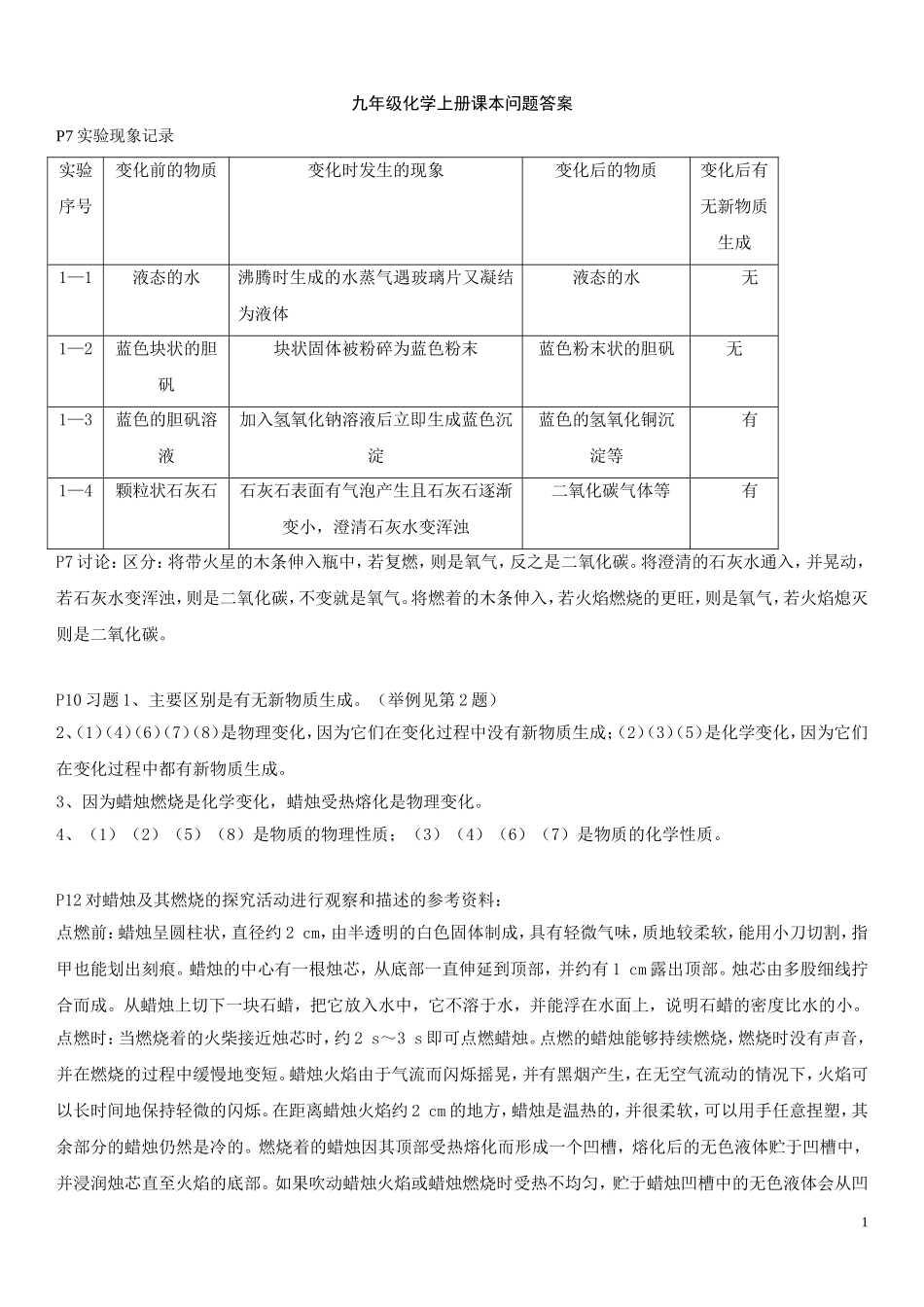 初中化学上册课本习题答案_第1页