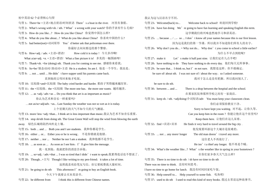 初中英语62个必背核心句型_第1页