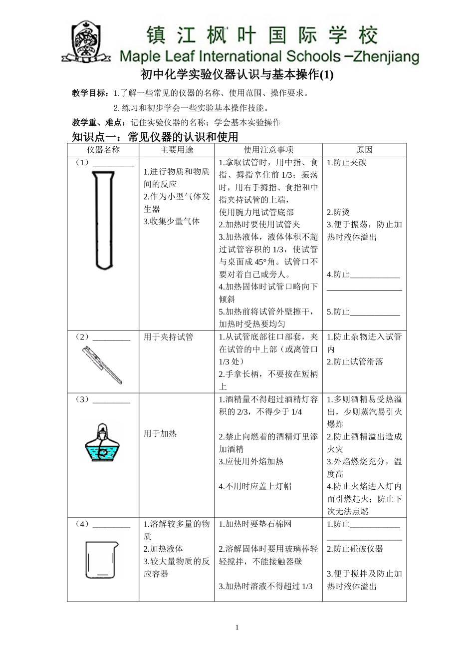 初中化学实验仪器认识与基本操作学生版_第1页