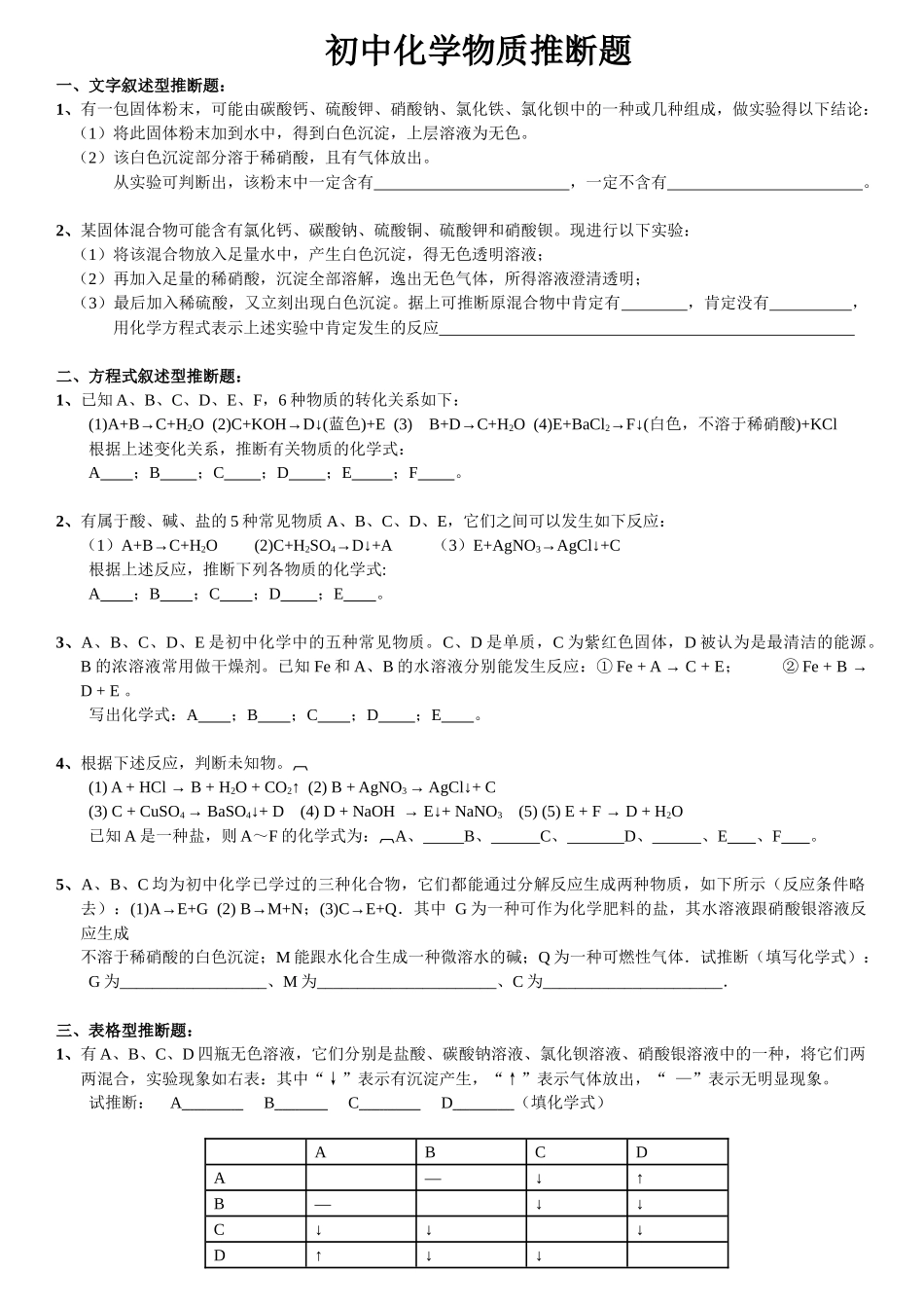 初中化学推断题(各种题型完整版)_第1页