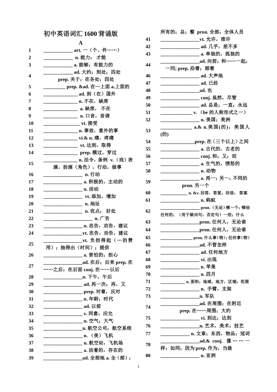 初中英语词汇1600默写版_第1页
