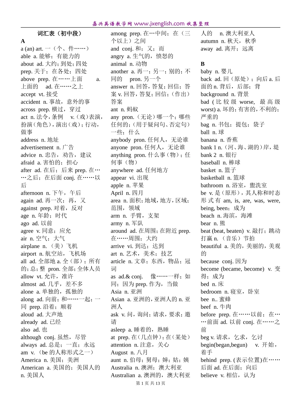 初中英语词汇表下载_第1页