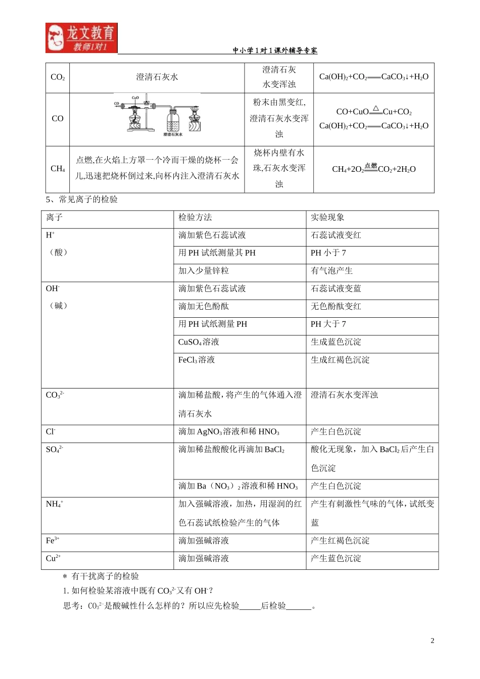 初中化学物质的检验分离和提纯专题教案讲义(同名13032)_第2页