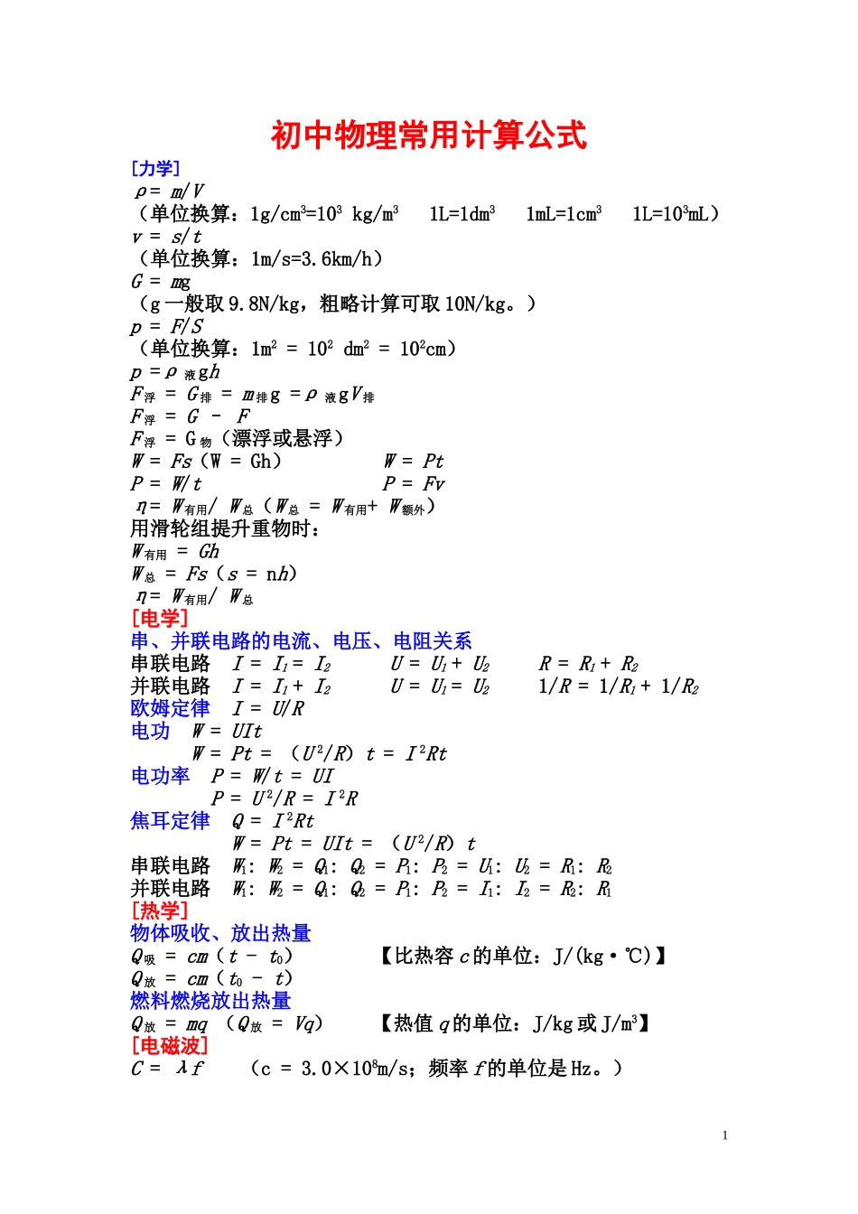 初中物理常用计算公式_第1页