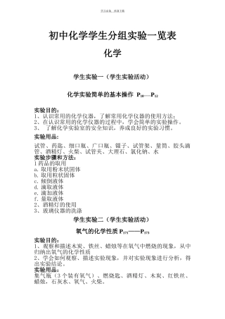 初中化学学生分组实验一览表
