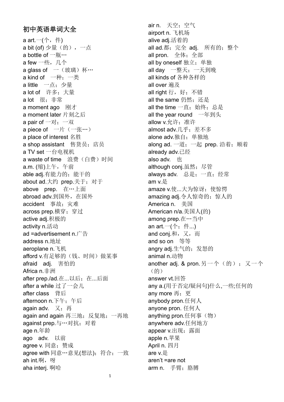 初中英语单词大全_第1页
