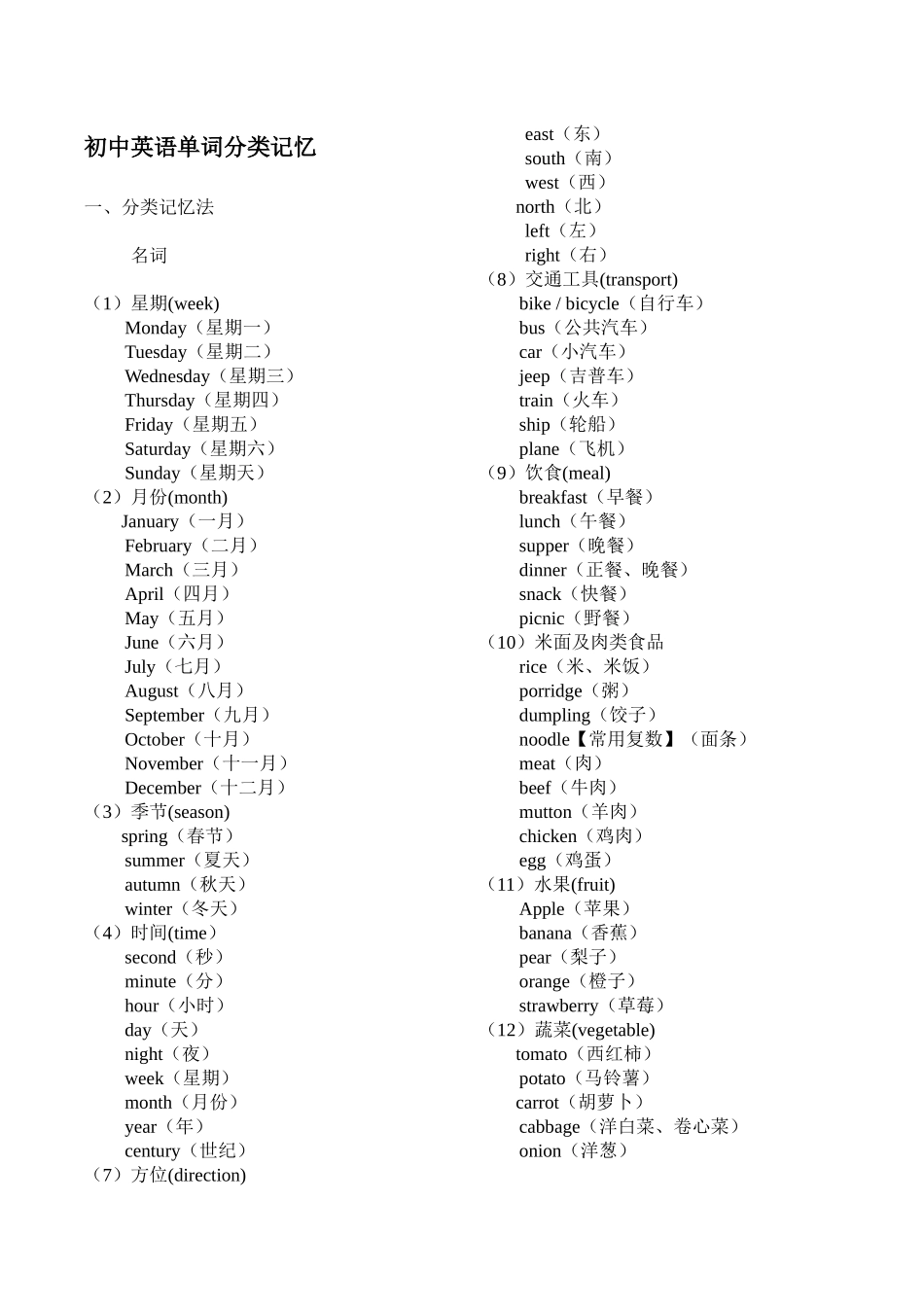 初中英语单词分类大全(打印版)_第1页