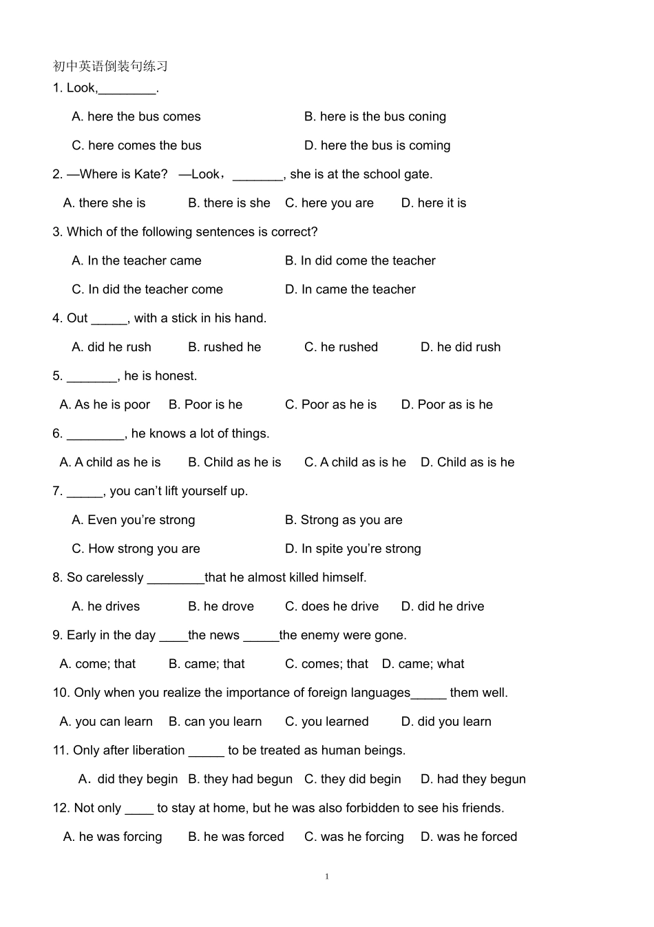 初中英语倒装句练习题-超级有用_第1页