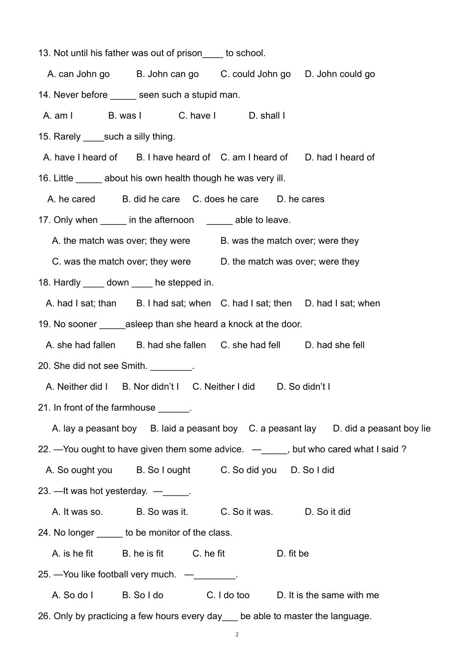 初中英语倒装句练习题-超级有用_第2页