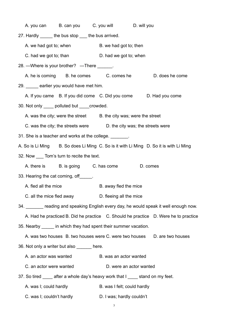 初中英语倒装句练习题-超级有用_第3页