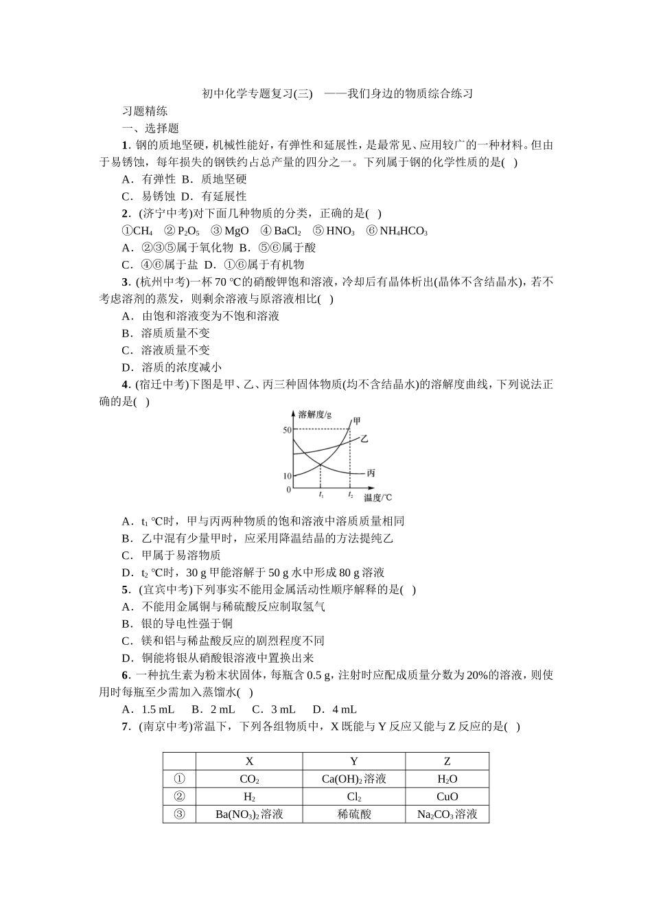 初中化学专题复习(三)身边的化学物质综合练习_第1页