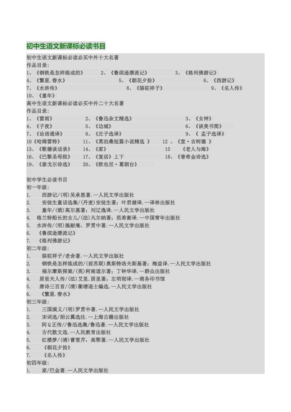 初中生语文新课标必读书目汇总_第1页