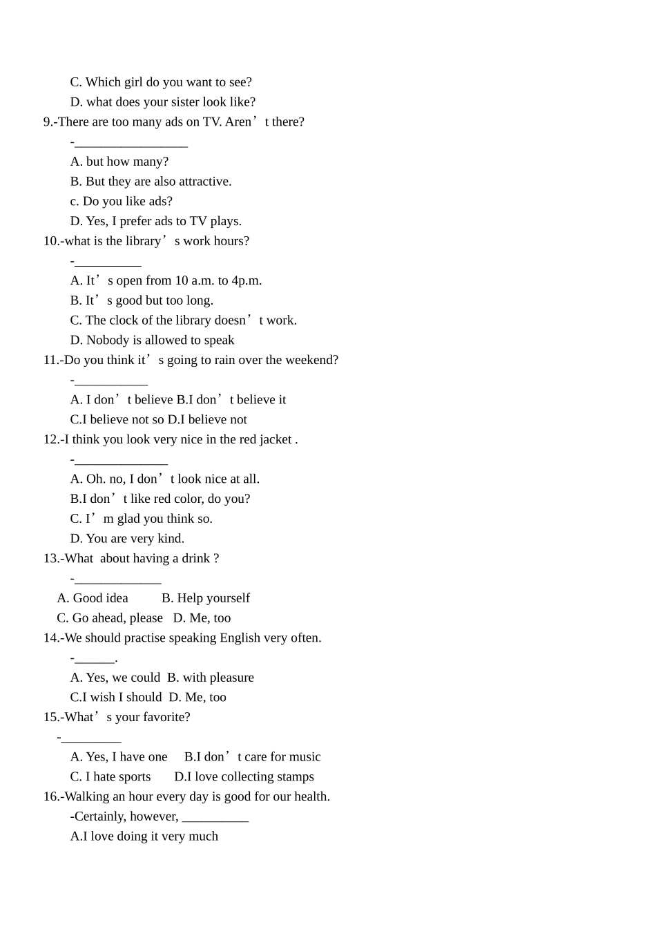 初中英语交际用语练习题_第2页