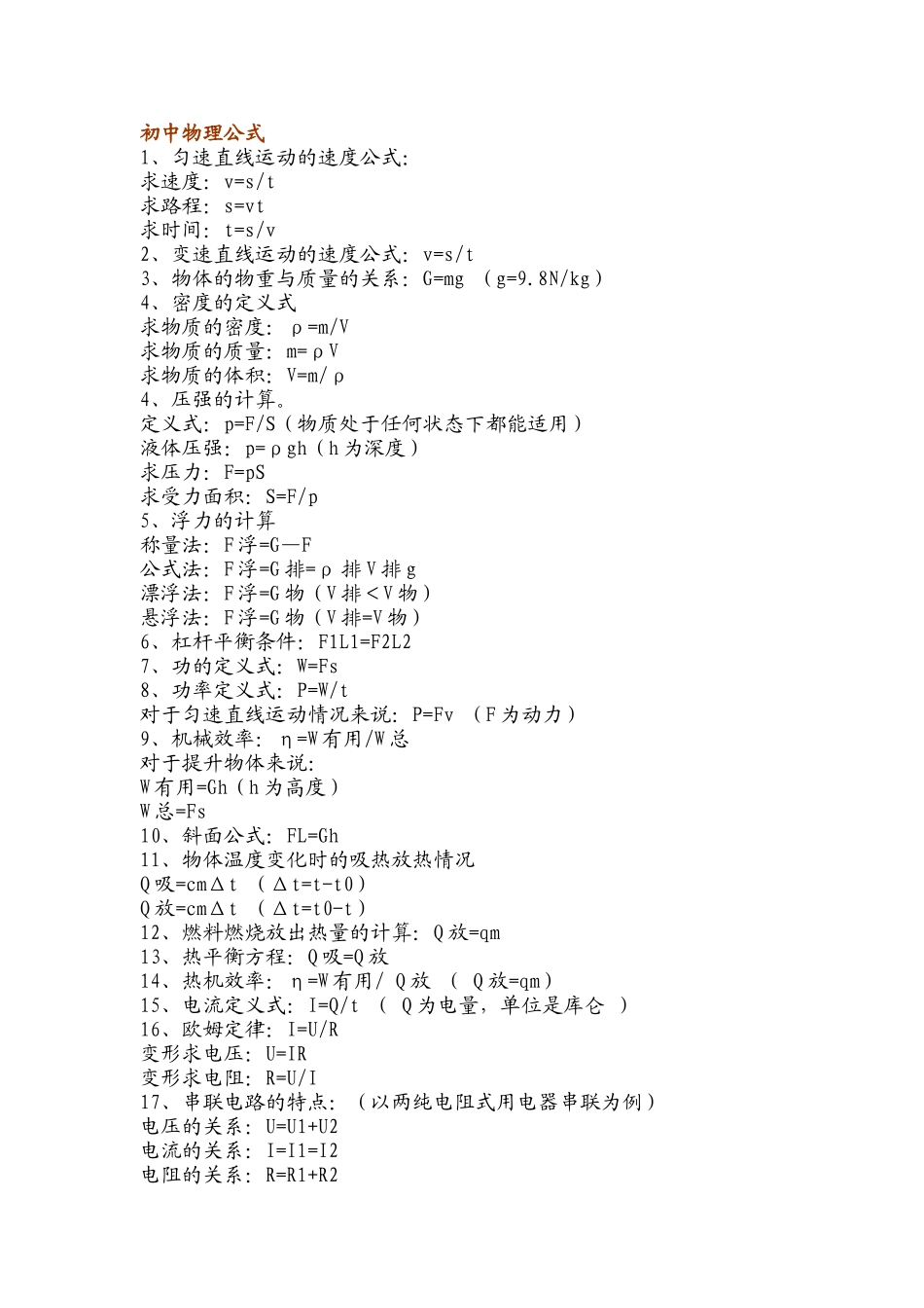 初中物理公式化学方程式汇总_第1页