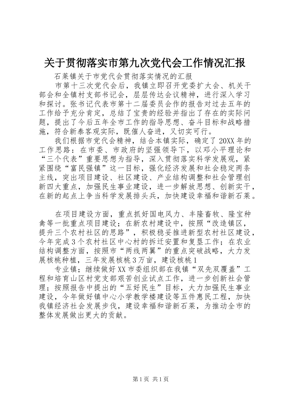 关于贯彻落实市第九次党代会工作情况汇报_第1页