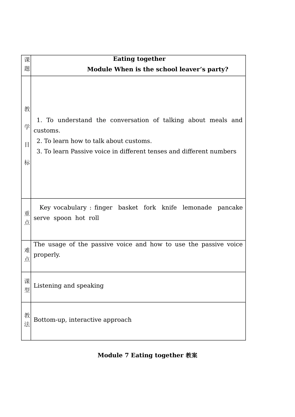 初中英语九年级Module7Eatingtogether全英文教案_第1页