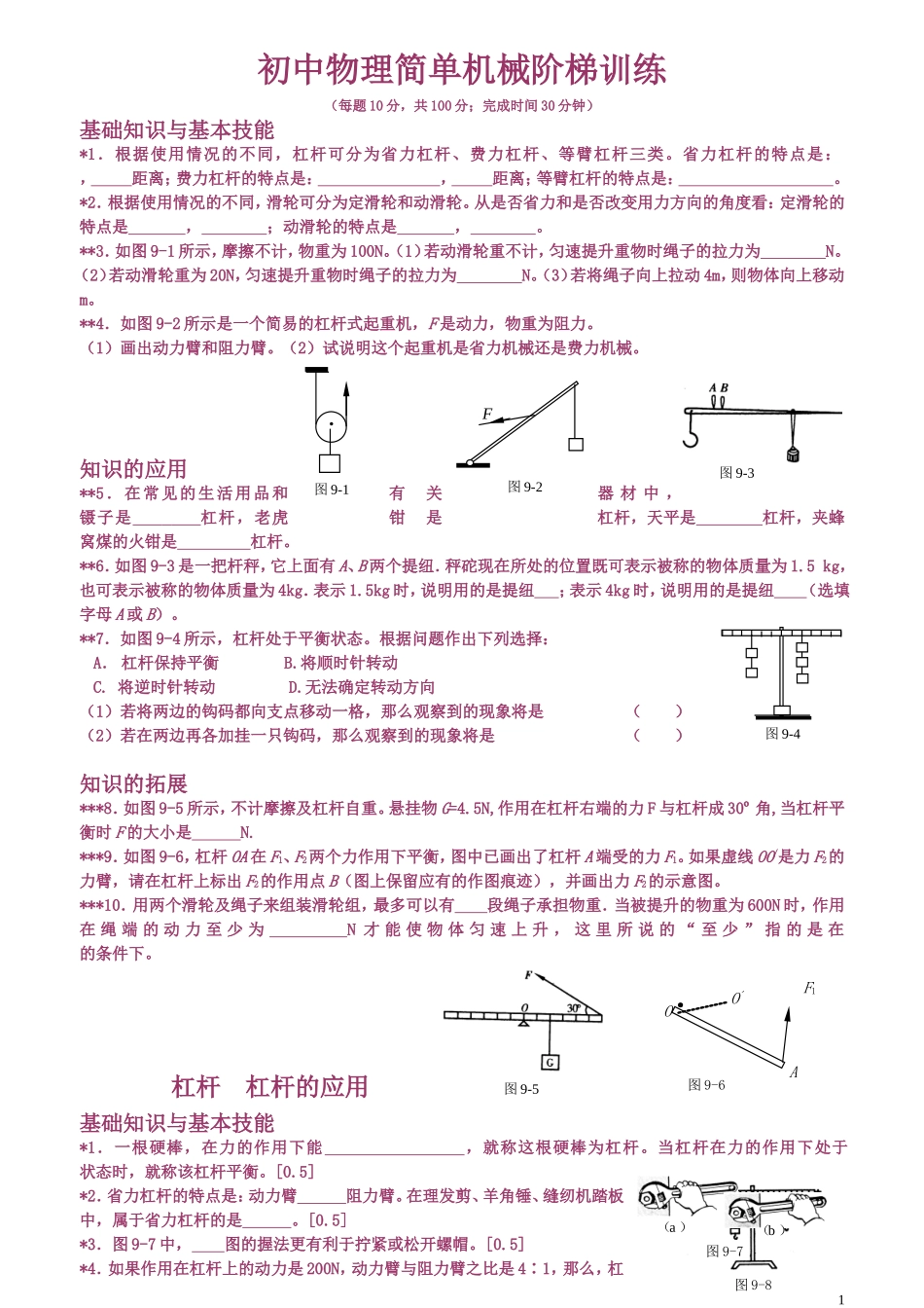 初中物理简单机械阶梯训练_第1页