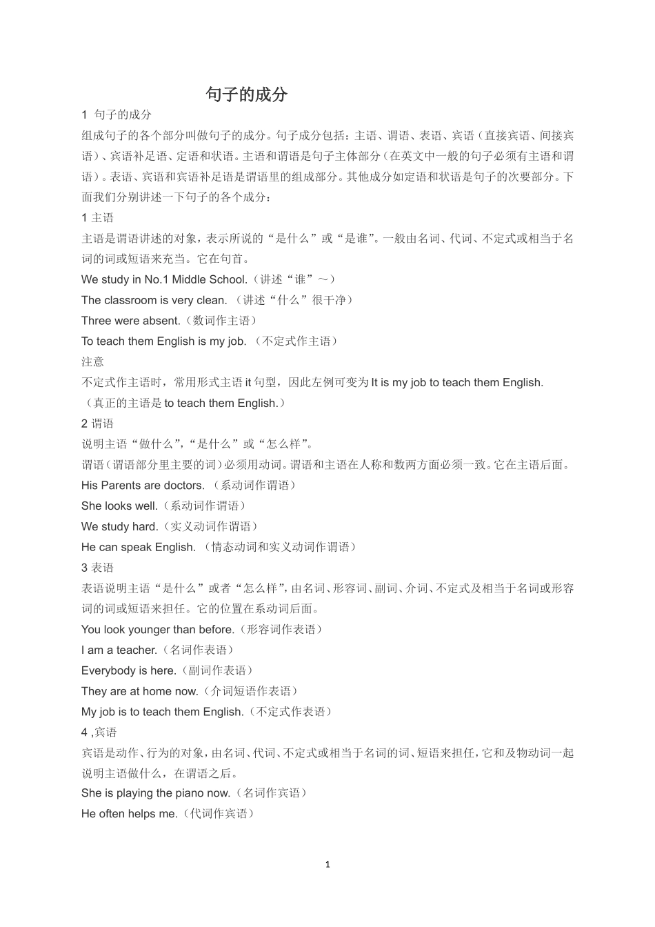 初中英语句子成分及其五种基本结构_第1页