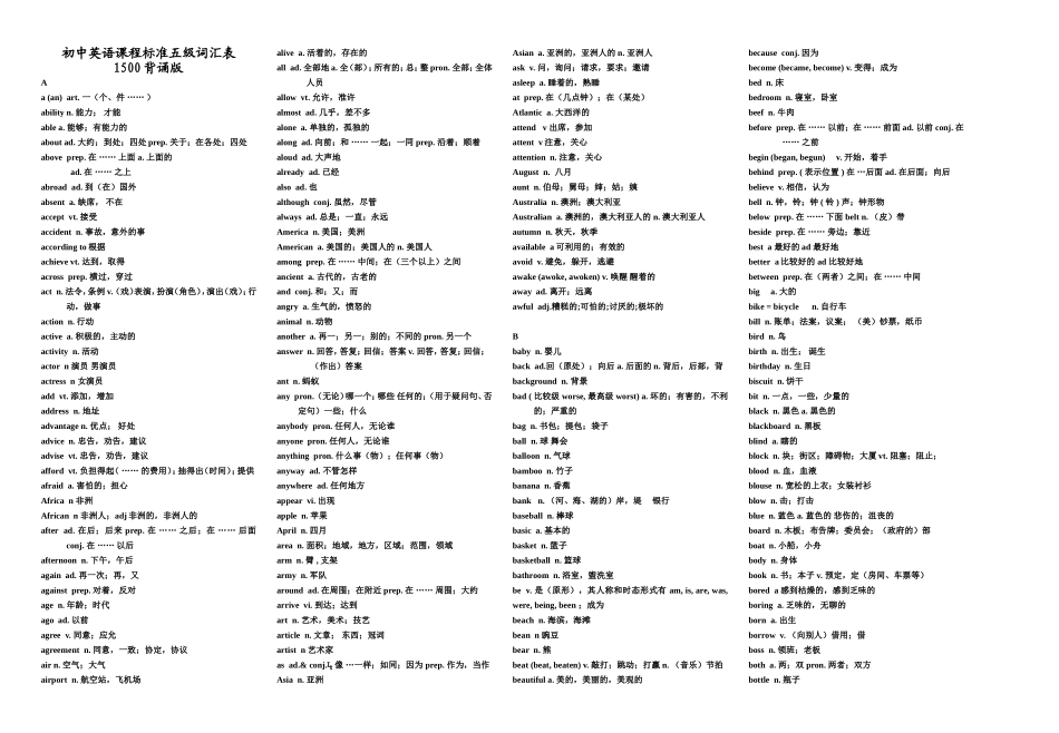 初中英语课程标准五级词汇表1500(背诵版)_第1页