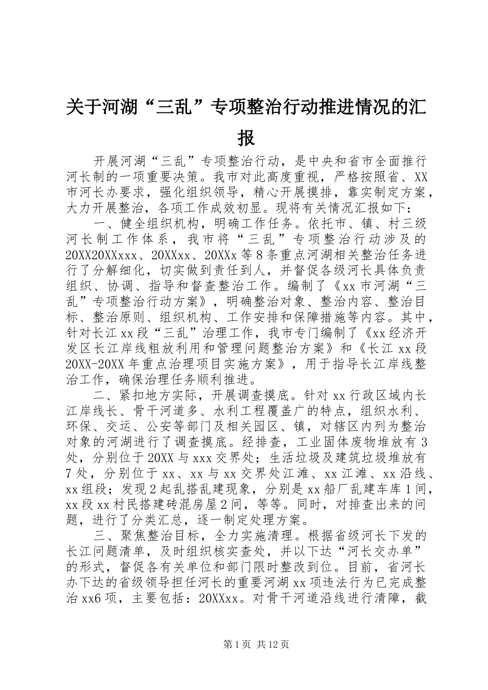 关于河湖三乱专项整治行动推进情况的汇报_第1页