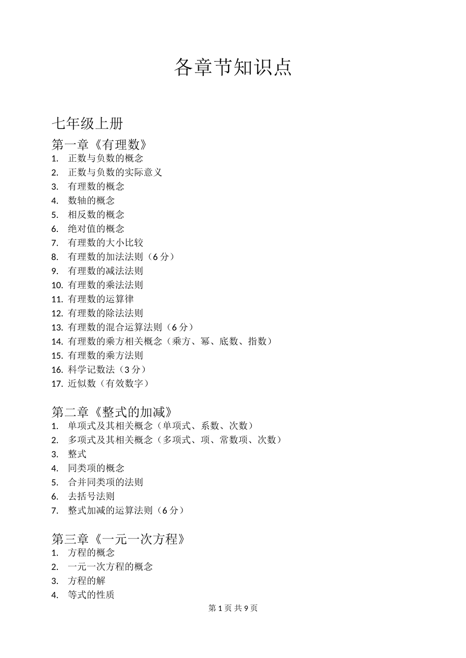 初中数学各章节详细知识点_第1页
