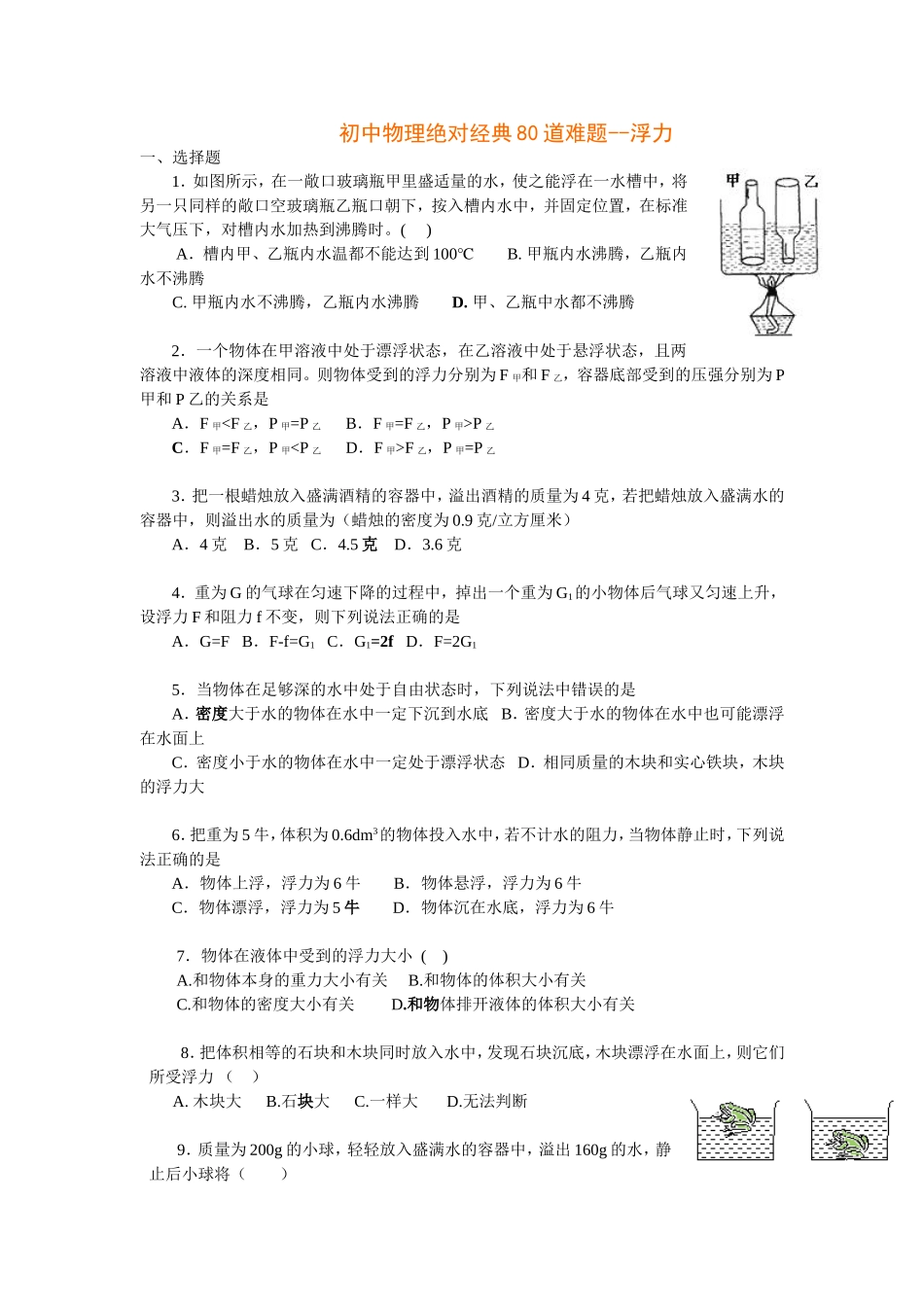 初中物理绝对经典80道难题--浮力_第1页