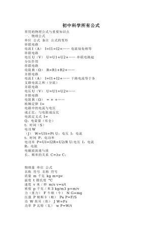 初中科学所有公式