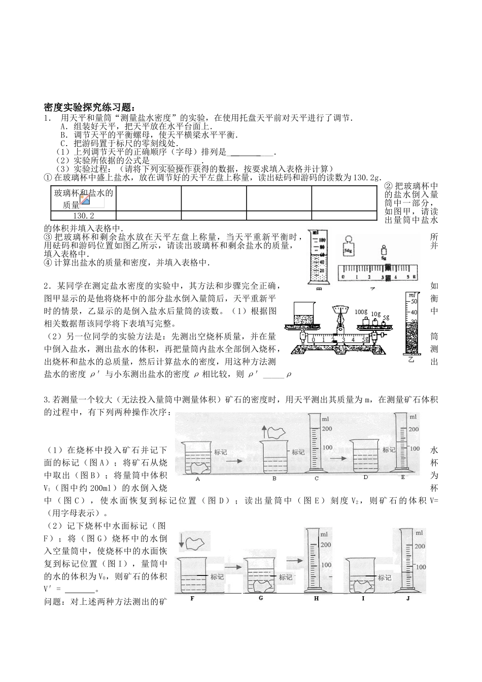 初中物理科学中考复习密度实验探究专项练习题_第1页
