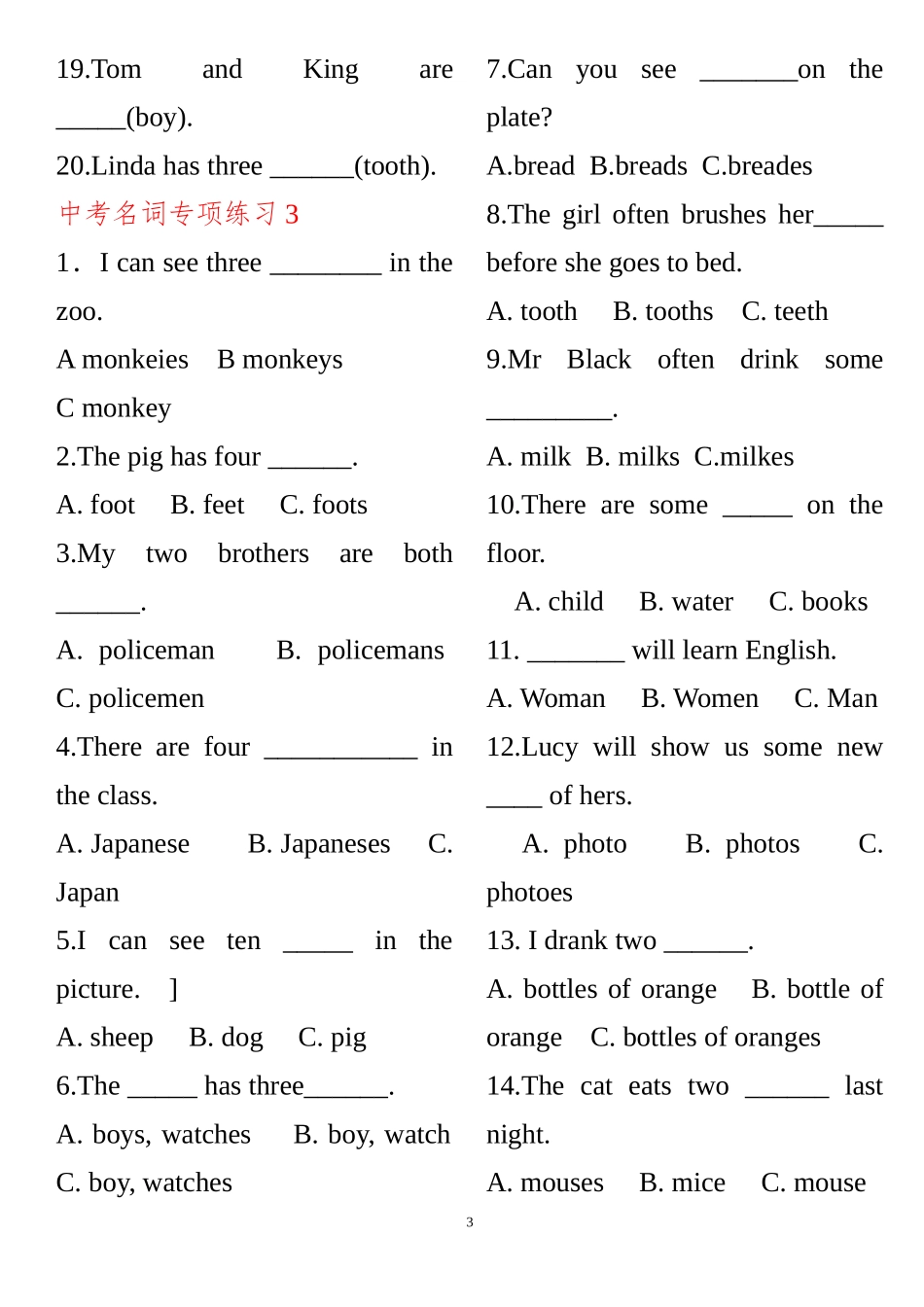 初中英语名词专项练习_第3页