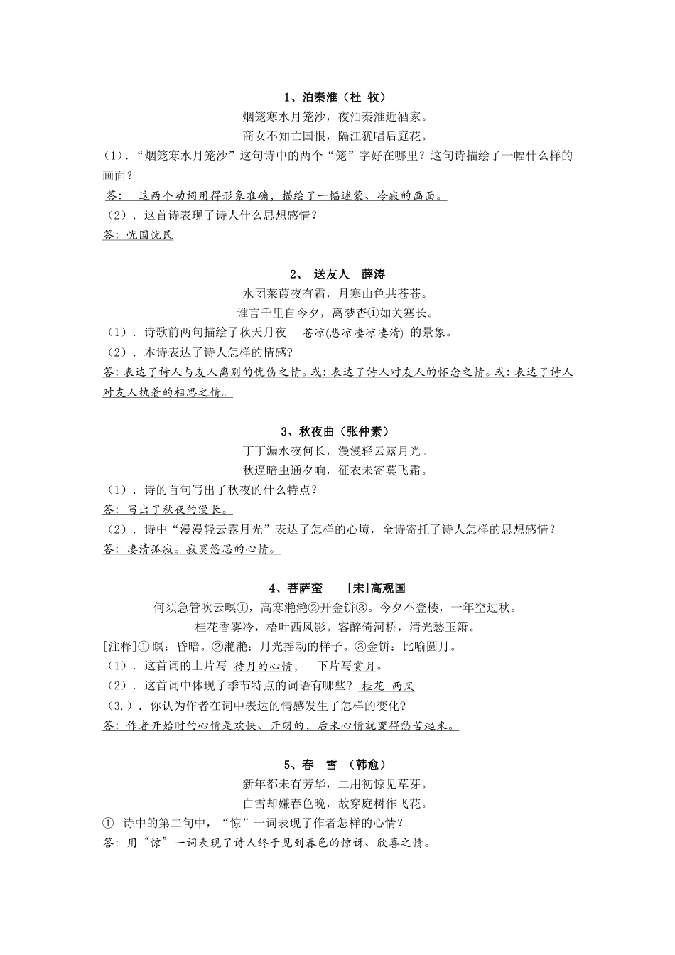 初中课外古诗词鉴赏练习_第1页