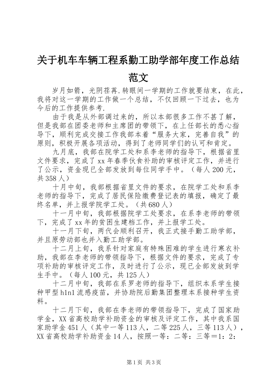 关于机车车辆工程系勤工助学部年度工作总结范文_第1页