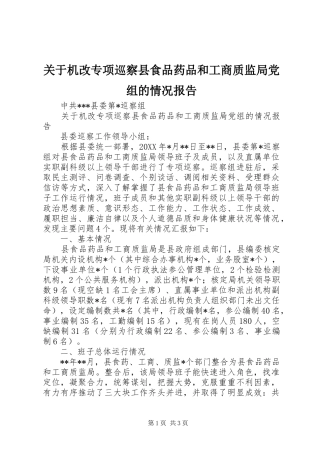 关于机改专项巡察县食品药品和工商质监局党组的情况报告